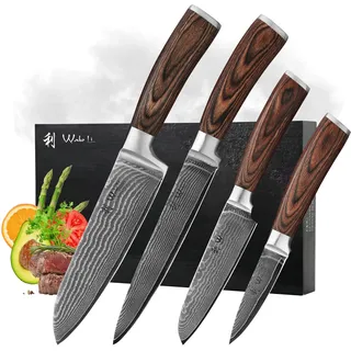 Wakoli EDIB 4-teiliges Küchenmesser Set aus Damaststahl (VG10 Kern) in edler Geschenkbox – Scharfes Damastmesser Set mit Pakkaholzgriffen – Messerset mit 2x Santoku, Fleischmesser & Officemesser