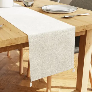 Encasa XO Tischläufer | Geprägtes Samt | Größe 32x240 cm | Farbe Creme mit Premium-Polyester - Maschinenwaschbar