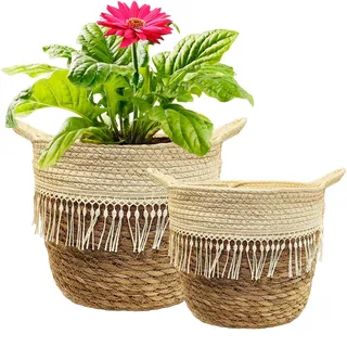 KMERCE Pflanzkorb Groß, 2er Set Blumenkorb Geflochten aus Seegras, übertopf Korb für Zimmerpflanzen, blumentopf Boho, Übertöpfe mit Griffen, Aufbewahrungskorb, 20cm und 25cm Durchmesser
