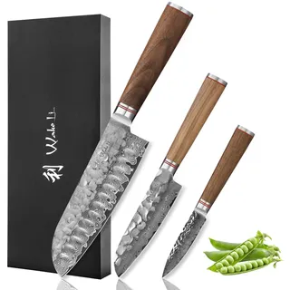Wakoli Nussbaum 3er Messerset, Santoku & Officemesser, 67 Lagen Damaststahl | Küchenmesser-Set mit VG10-Kern, Nussbaumholzgriffen & Hammerschlag; V-Schliff 15° je Seite, 60±2 HRC, verpackt in Geschenkbox