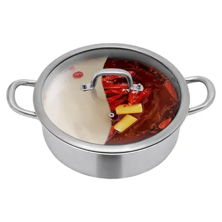 Edelstahl 304 Topf mit zwei Fächern, Fonduetopf mit Zubehör, Glasdeckel und Löffel (32 cm Außendurchmesser)