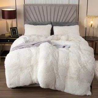 EMME Plüsch Bettwäsche 3 TLG. 200x200cm/2x80x80cm, Weiß | Biber Flauschige Bettdecke Set für Bett Shaggy und Plüsch weiche Bettwäsche Bettbezüge und 2 Kissenbezug 80x80cm