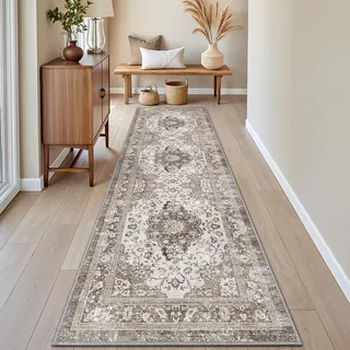 DEXI Läufer Flur Teppich 60 x 210 cm, Küchenläufer Lange waschbar rutschfest, Schmutz & Wasser Aufnehmen Dünne Vintage Teppichläufer für Hauseingänge, Küche, Waschküche, Braun