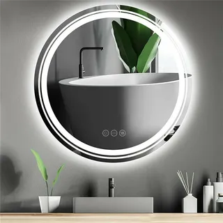 WISFOR rund Badspiegel 60cm, dimmbar Beschlagfrei mit Touch Schalter, 3 Lichtfarbe, LED Badspiegel mit Beleuchtung Wandspiegel Badzimmerspiegel, Energiesparend