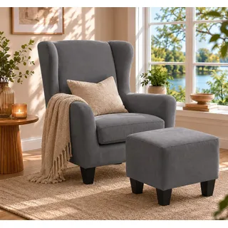 Home affaire Ohrensessel "Chilly, Sessel mit Hocker" Set, bestehend aus Sessel und Hocker, 2 Stk. tlg. in Cord und Microfaser-Bezug, grau