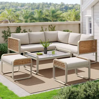 Flieks Rattan Gartenloungeset Gartenmöbel-Set 7 Personen, Doppelsofa mit Gartenstuhl, Hocker und Gartentisch, Terassenmöbel Balkonmöbel-Set 6 Teilig - Beige