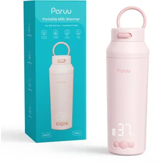 Paruu Tragbarer Flaschenwärmer Baby Unterwegs, Schnellaufheizen in 2 Min, Leicht zu Reinigende Weite Öffnung, 7-Stufige Temperaturregelung, 30W-Schnellladung, 350ml Kapazität, Rosa