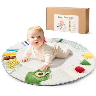 OESSUF Baby Krabbeldecke Rund 85cm – 5 Sinneszonen für Sensorik Motorik | Baby Spielmatte für Spielebogen, Weich Rutschfest | Babydecke für Neugeborene ab 0 Monate Jungen Mädchen | Geschenk zur Geburt