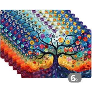 MuchoWow Platzsets 6er-Set Baum - Bunt - Blumen - Kunst - Abstrakt 45x30 cm Tischset , Blau , Kunststoff , Rechteckig , 45x30x0.3 cm , Heimtextilien, Wohntextilien, Tischwäsche, Tischsets