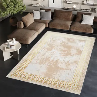 TAPISO Ares Teppich Kurzflor Glänzend Beige Marmoreffekt 140 x 200 cm | Bordüre Barock Klassisch 3D Effekt Wohnzimmer Schlafzimmer OEKO-TEX