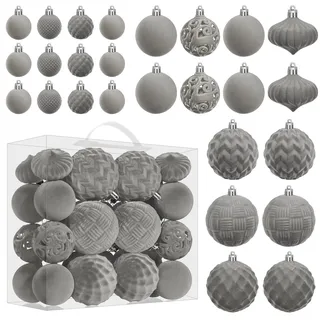 Miaikoe Samt Weihnachtskugel Ornamente Set - 46pcs zerstörungsdicht Plastik Flocked Weihnachtsbaum Kugeln Verschiedene Größen für Weihnachtsfeiertag Dekoration (grau)