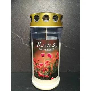 JEKA Gedenkkerze, Grabkerze Motiv: Mama - du fehlst, Brenndauer 4 Tage, 170x75mm, Wind- & Wetterfest, 100% Pflanzenöl, Golddeckel, Grablicht (24)