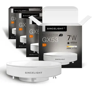 SINCELIGHT GX53 LED-Diffusor Reflektorlampe Leuchtmittel, mit GX53-Sockel, 7W, Kaltweiß - 6500 Kelvin, 600lm, 4er-Pack