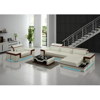 Ledersofa Couch Wohnlandschaft Ecksofa + Sessel Eck Garnitur Design Sofa mit USB - Weiß