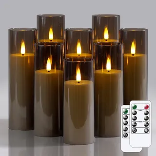 Wroxipel Packung mit 8 Acryl flammenlos flackernden 5,5 cm x 12,5 15 17,5 20 cm Grau Kunststoff LED-Kerzen mit Fernbedienung, batteriebetrieben Zyklus Timerfunktion Kerzen