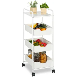 Relaxdays Rollwagen, 3 Etagen & Ablage, Küchenwagen für Bad & Büro, Rollregal, HxBxT: 85,5x32,5x40 cm, Bastelwagen, weiß