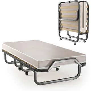 Klappbett 90x200 cm Erwachsene, Gästebett klappbar, Reisebett mit Matratze, klappbares Bett mit 4 Rollen, Einzelbett mit Lattenrost, Faltbett Metallbett Metallrahmen bis 120 kg belastbar - Beige