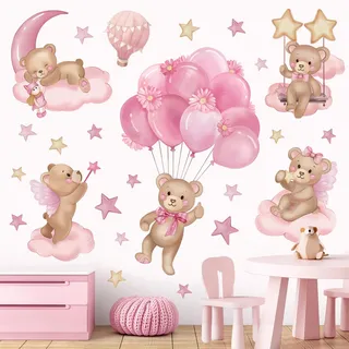 wondever Wandtattoo Heißluftballon Rosa Bär Wandsticker Luftballons Bär | Abziehen und Aufkleben, Abziehbar, Wandaufkleber Selbstklebend für Kinderzimmer Mädchen Babyzimmer Mädchenzimmer Wanddeko
