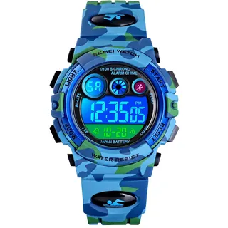 Alienwork Seven-Color LED Digital Kinderuhr Jungen Mädchen Camouflage blau Kautschuk-Armband Kalender Schwarz Chronograph Sportlich Multi-Funktion