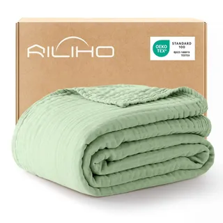 RILIHO musselindecke Adult 152 x 203, 100% Baumwolle, Sommer Decke, atmungsaktive Gaze-Decke alle Jahreszeiten, weich und leicht, Wohndecke Couch Decken, bettdecke, Moosgrün