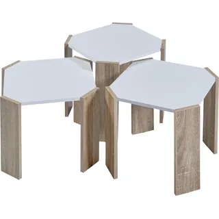[en.casa] Satztisch ‘Rantasalmi’ 3er Set Spanplatte Weiß/Eiche-Optik - Weiß