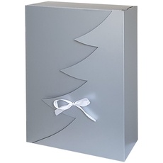 Premium Silberne Weihnachtsbaum Geschenkbox – 12 Stk – 35x25x10 cm | Eingetragenes EU-Design | Satinband | Nachhaltige Verpackungslösung