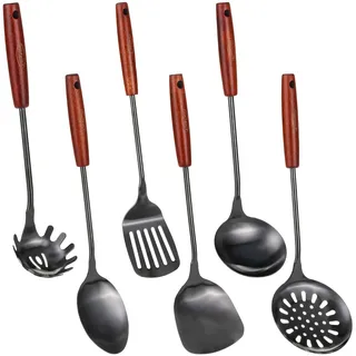 FJNATINH Wok Kelle,Wok Spatel,SchaumlöFfel,Schlitz Spatel und Reislöffel, Wok Utensils Hohe Qualität Edelstahl KüChenhelfer Set,SpüLmaschinenfest,36,2-38,1 Cm,6 PCS