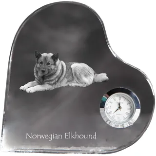 Norwegischer Elchhund, Grahund, Norwegian Elkhound - Kristalluhr mit einem Hundebild, Herzregal-Uhr, personalisierte Standuhr der Marke Art-Dog - Transparent