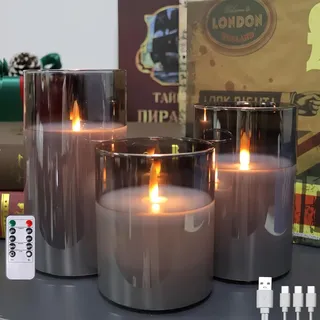 Grau Glas Flammenlose Kerzen, Wiederaufladbare Kerzen, Real Wax LED Candles