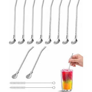 KACZUS Edelstahl Strohhalm mit Löffel Set, 10 Stück + 2 Reinigungsbürsten, 21 cm Wassertropfen & Gewinde, Mehrweg Metallstrohhälme ideal für Slush Strohhalm, Latte Macchiato Löffel & Getränke