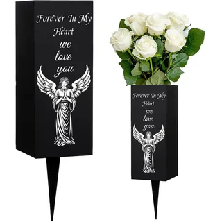 WEBEEDY Friedhofsvasen Grabvase mit Erdspieß Metallgedenkvasen Gartenengelmuster Schwarzer Friedhofsblumenhalter Grabstätten Gedenkdekorationen Für Den Verlust Eines Geliebten Menschen 8x20cm