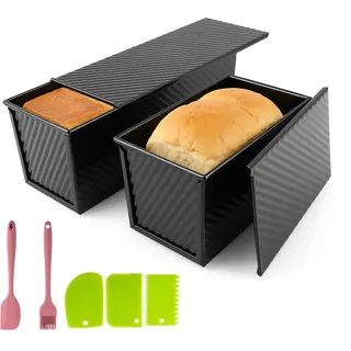 LOPYXBR 2 Stück Toastbrot Backform mit Deckel 1000g und 450g, Kastenform mit Deckel aus Kohlenstoffstahl, Antihaft Toastbrotform, Brotbackform mit Belüftungslöchern für Toast und Brot, Schwarz