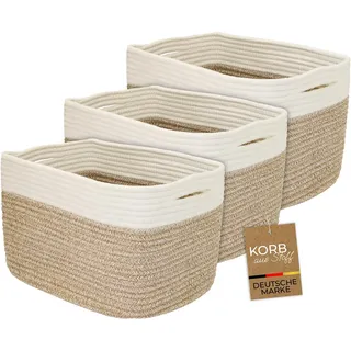HMF Aufbewahrungskorb mit versteckten Griffen, 3er Set, Korb aus Baumwolle | 37,5 x 25 x 22,5 cm | Weiß-Braun