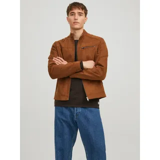 Lederimitatjacke JACK & JONES "JJEROCKY in Kunstlederoptik mit Reißverschlusstaschen", Herren, Gr. XL, braun (cognac), Web, Obermaterial: 88% Polyester, 12% Viskose, slim fit normal, gerader Abschluss, Jacken Lederimitatjacke, unifarben, modisch, regular fit, Lederimitat