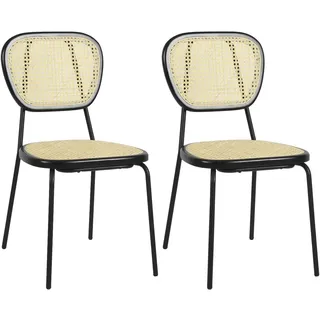 39F FURNITURE DREAM Set mit 2 skandinavischen Esszimmerstühlen aus natürlichem Rattan, Gestell aus schwarzem Metall, Faul, Natur, 45x51x84cm