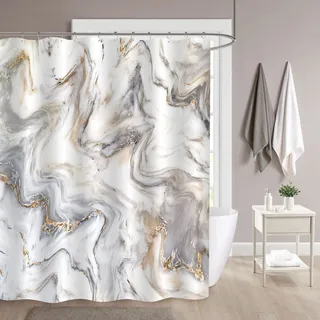 MitoVilla Grau Gold Marmor Duschvorhang Set, Abstrakter Moderner Duschvorhang für Badezimmer Dekor, Luxus Standard Duschvorhang für Badewanne, Wasserdicht Waschbar Stoff Duschvorhang, 72x72