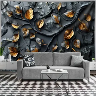 Arsey Wandteppich mit goldenen Blättern Perfekt für Schlafzimmer Wohnungs Wohnzimmer Modern Home Deko, Schwarz, groß 300 x 180cm