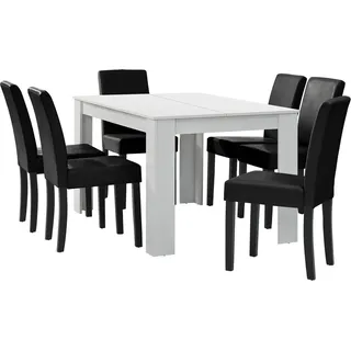 [en.casa] Esstisch weiß matt mit 6 Stühlen schwarz Kunstleder gepolstert 140x90 Essgruppe Esszimmer - Schwarz