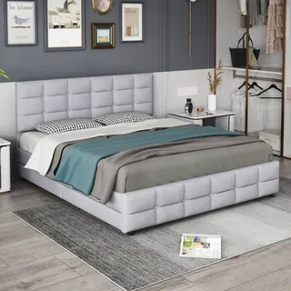 MODFU Polsterbetten 180 x 200 cm mit 4 Schubladen, Doppelbett Funktionsbett Bettrahmen(Ohne Matratze),Grau - Grau