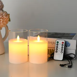 Lonkenn 2er-Pack Wiederaufladbare LED-Kerzen, Flammenlose Kerzen Kerzenlicht mit Fernbedienung, Flackern Kerzen, Batteriebetriebene Stumpenkerzen in Glas, 12.5 cm in Weiß (Ladekabel Inklusive)