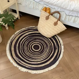 Aniyan Handgewebter Baumwollteppich Rund Boho Stil mit Fransen, Geflochtener Teppich Waschbar Faltbar, Weicher Teppich für Wohnzimmer Schlafzimmer Küche Flur (Ø 100cm,Muster D)