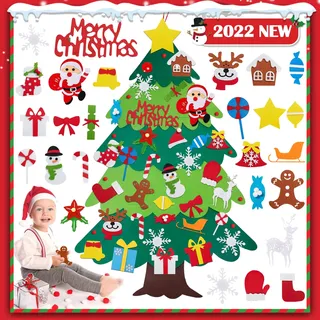Filz Weihnachtsbaum, DIY Filz Deko Weihnachtsbaum für Kinder, 3.28Ft Filz Weihnachten Set Hängend Dekor Mit 32 Abnehmbaren Hängenden Ornamenten Filz Weihnachtsbaum Für Home/Tür/Wand Hängend Dekor