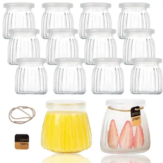 Kiswleon 200ml Joghurtgläser mit Deckel,12 Pack Dessertgläser Glas,Durchsichtige Marmeladengläser Klein mit Etikett und Schnur,Einmachgläser Klein für Saft,Joghurt,Marmelade,Müsli,Honig
