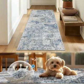TOPICK Läufer Flur Waschbar Küche Läufer Modern Abstrakte Teppich Dünner Antibakterieller Faltbar rutschfest Teppich für Brücken Schlafzimmer Wohnzimmer Tisch Flur Eingangsbereich 60x150cm Blau