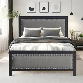 VECELO Bettgestell 90 x 200 cm, Metallbett Doppelbett mit Gepolstertem Kopf- und Fußteil, Bettrahmen mit Lattenrost, 32cm Höhe unter dem Bett, Kein Boxspring Erforderlich, Grau