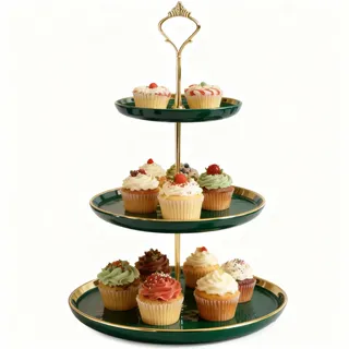 Petsoigné Cupcake-Ständer Keramik Kuchen Stand mit 3-Lagen Eingelegten Gold Tier Tables Obstteller für Couchtisch Dekoration, Cupcake und Teller Dessert Stand (Grün)