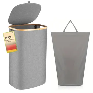 Wäschekorb -100L Waschbarer und hygienischer Groß Wäschesammler schmal mit herausnehmbarem Wäschesack-Wäschekorb mit Deckel & Bambusrand - Wäscheboxen - waschkorb (Grau)