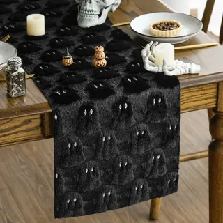 Artoid Mode Weich Plüsch Samt Faux Pelz Jacquard Schwarz Geist Halloween Tischläufer, Küche Tisch Dekoration Drinnen Urlaub Party Dekor 33x183 cm