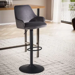 FineBuy Barhocker Samt Grau Hocker mit Lehne 86 106 cm Küchenhocker Höhenverstellbar Modern 100 kg Barstuhl Tresenhocker mit Metall-Trompetenfuß - Grau