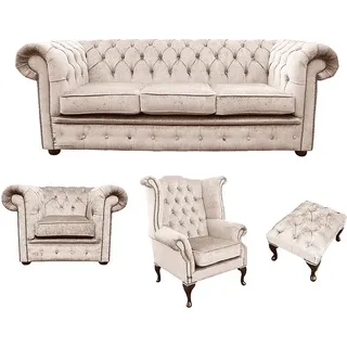 Sofagarnitur Chesterfield Polster Couch Sofa Leder Sitz Garnitur Ohrensessel 417 - Beige